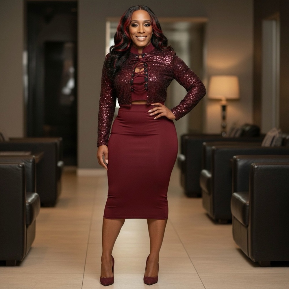 Elegant Sequin Skirt Set in burgundy.